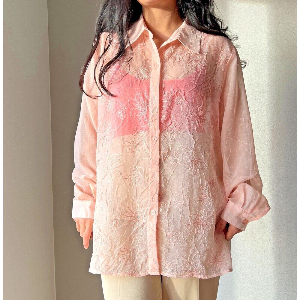 vtg 90s Alfred Dunner‎ Sheer Blouse Womens Size 12W floral peach shirt USA Made - Picture 2 of 9
